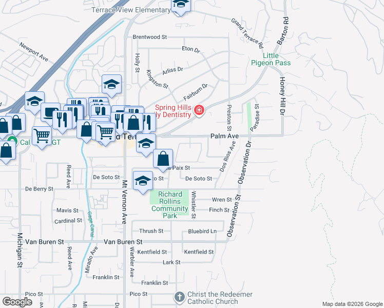 map of restaurants, bars, coffee shops, grocery stores, and more near 22745 Palm Avenue in Grand Terrace