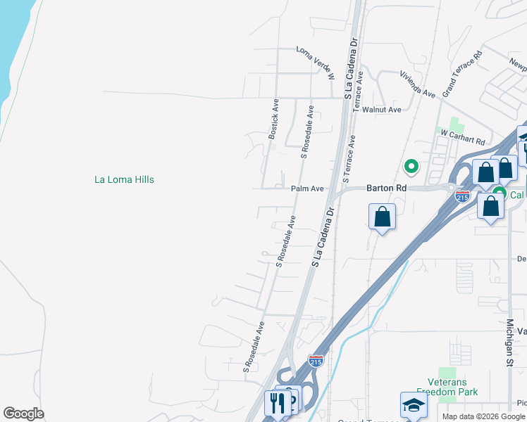 map of restaurants, bars, coffee shops, grocery stores, and more near 2160 Bostick Avenue in Grand Terrace