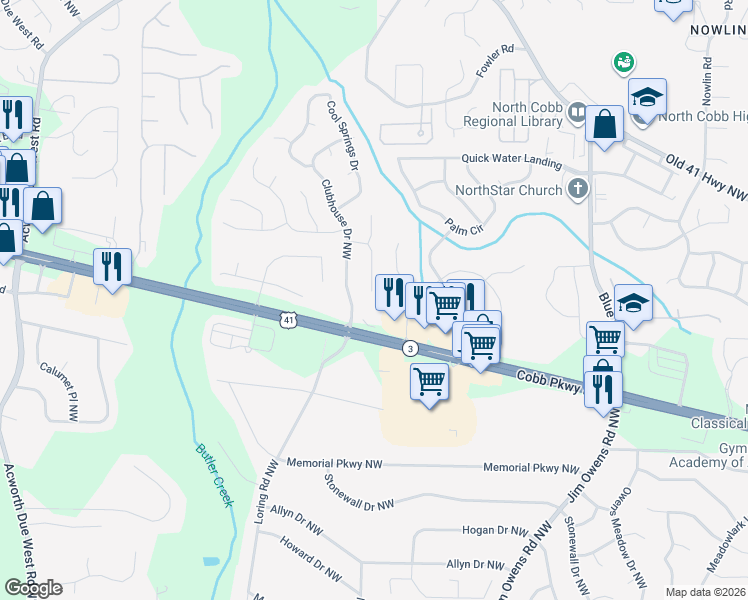 map of restaurants, bars, coffee shops, grocery stores, and more near 224 Tennis Court Lane in Kennesaw