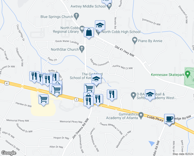 map of restaurants, bars, coffee shops, grocery stores, and more near 3373 Circle Northwest in Kennesaw