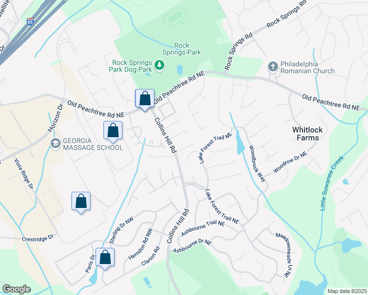 map of restaurants, bars, coffee shops, grocery stores, and more near 2709 Collins Hill Road in Lawrenceville