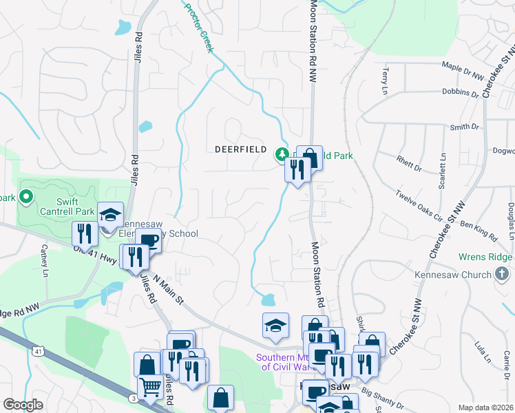 map of restaurants, bars, coffee shops, grocery stores, and more near 1095 Rackley Way in Kennesaw