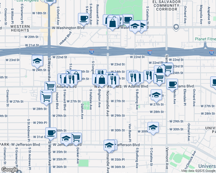 map of restaurants, bars, coffee shops, grocery stores, and more near South Normandie Avenue & West Adams Boulevard in Los Angeles