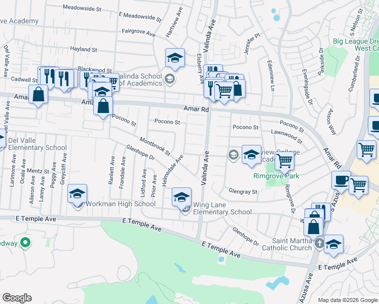 map of restaurants, bars, coffee shops, grocery stores, and more near 16435 Montbrook Street in La Puente