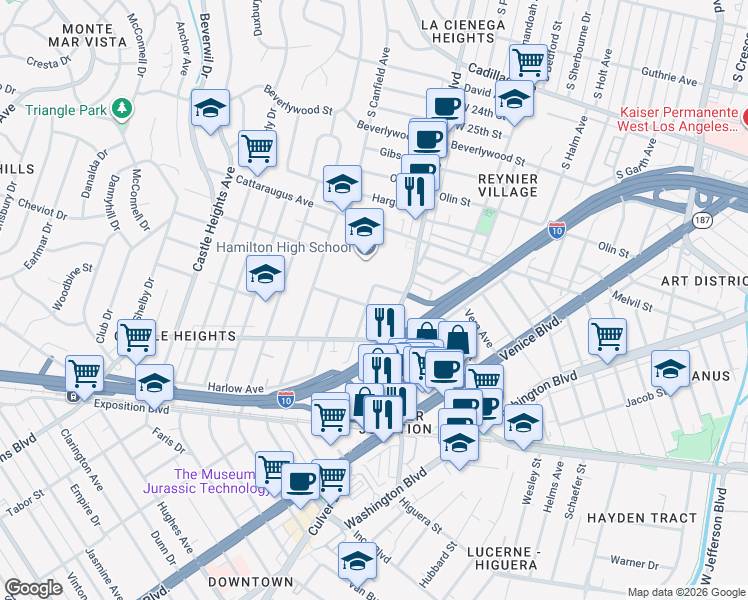 map of restaurants, bars, coffee shops, grocery stores, and more near 3119 Livonia Avenue in Los Angeles