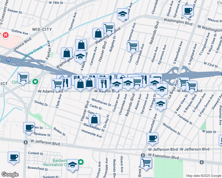 map of restaurants, bars, coffee shops, grocery stores, and more near 2616 South Burnside Avenue in Los Angeles
