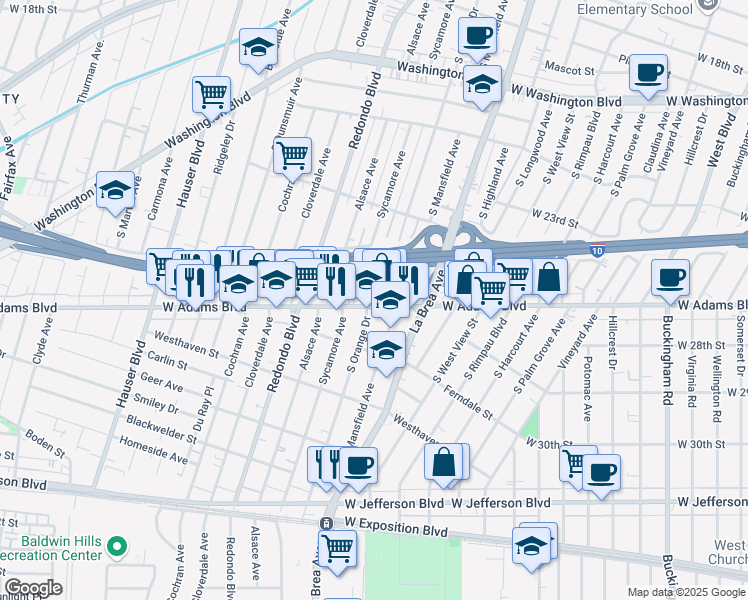 map of restaurants, bars, coffee shops, grocery stores, and more near 5135 West Adams Boulevard in Los Angeles
