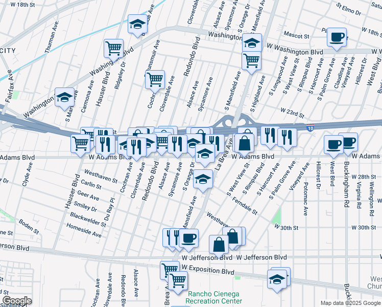 map of restaurants, bars, coffee shops, grocery stores, and more near 2610 South Orange Drive in Los Angeles