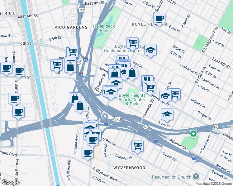map of restaurants, bars, coffee shops, grocery stores, and more near 960 South Soto Street in Los Angeles