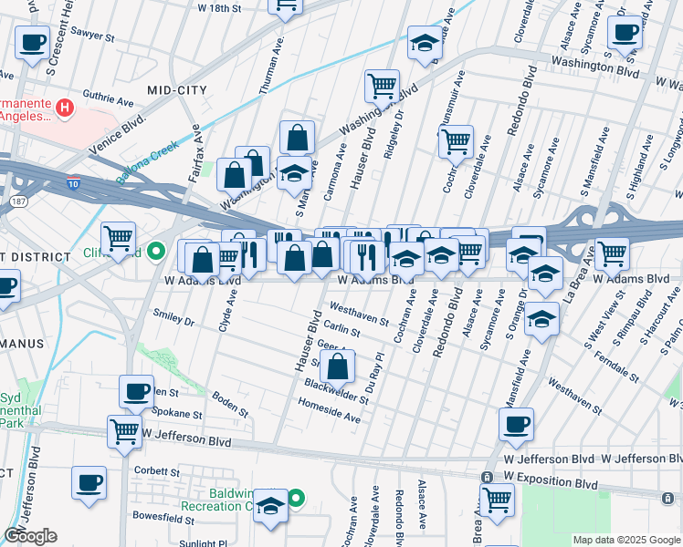 map of restaurants, bars, coffee shops, grocery stores, and more near 5476 West Adams Boulevard in Los Angeles