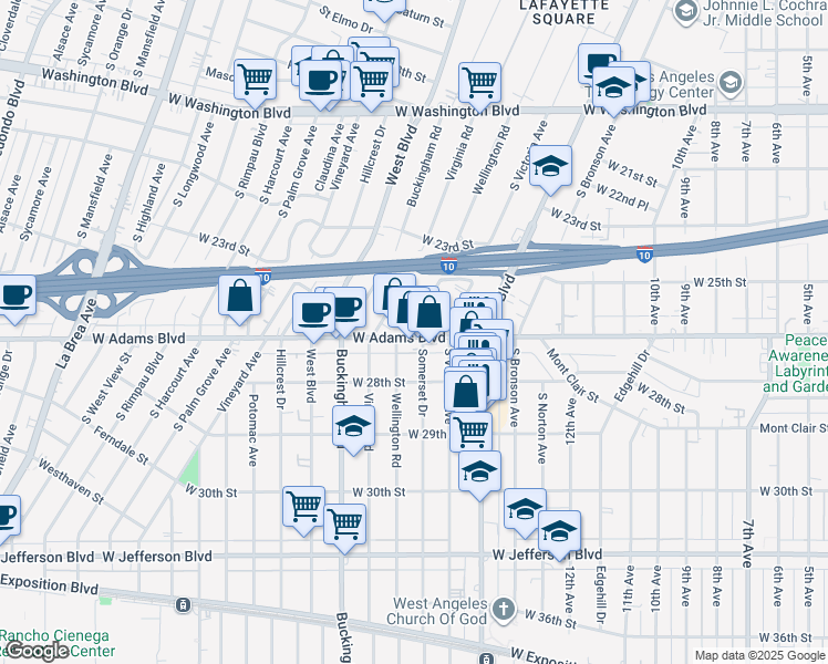 map of restaurants, bars, coffee shops, grocery stores, and more near 4471 West Adams Boulevard in Los Angeles