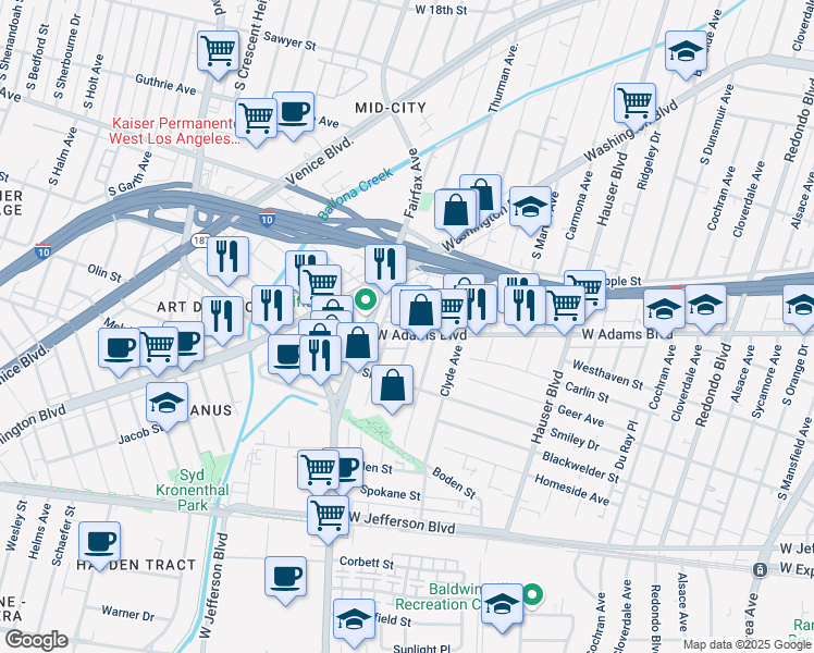 map of restaurants, bars, coffee shops, grocery stores, and more near 2532 South Genesee Avenue in Los Angeles