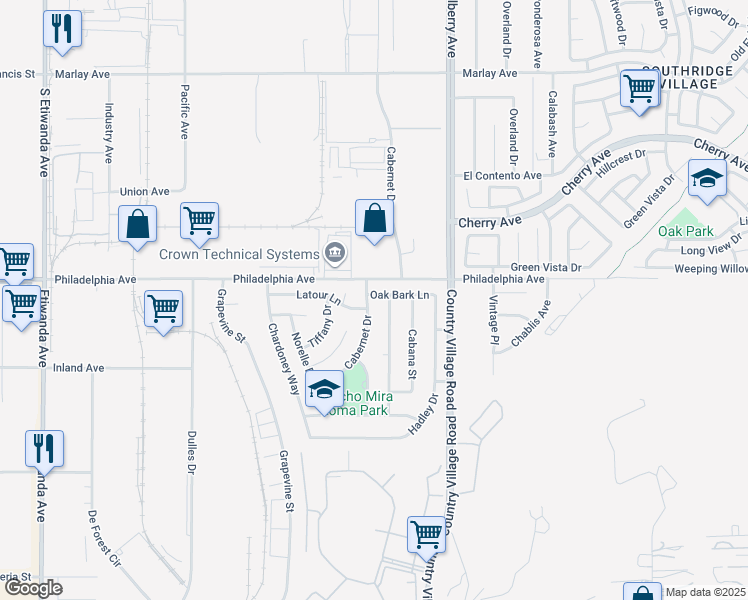 map of restaurants, bars, coffee shops, grocery stores, and more near 10341 Oak Bark Lane in Jurupa Valley
