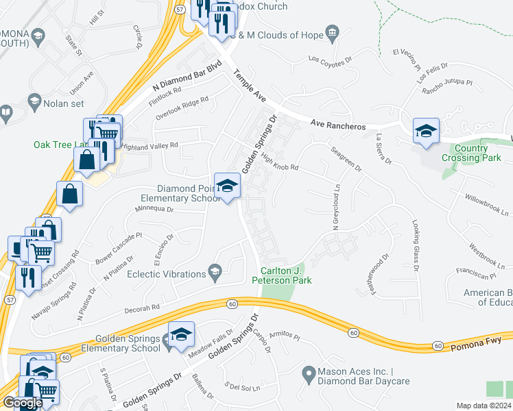 map of restaurants, bars, coffee shops, grocery stores, and more near 680 Golden Springs Drive in Diamond Bar