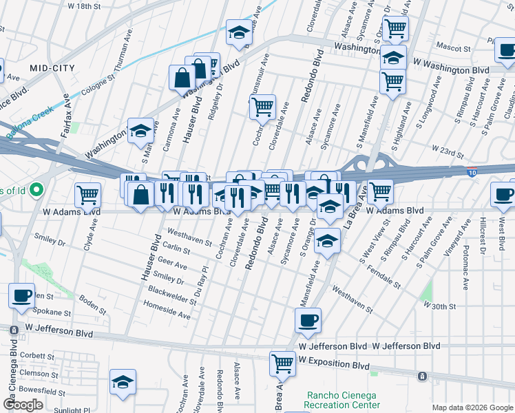 map of restaurants, bars, coffee shops, grocery stores, and more near 2527 South Cloverdale Avenue in Los Angeles