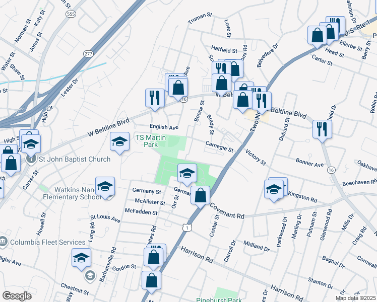 map of restaurants, bars, coffee shops, grocery stores, and more near 1720 Van Heise Street in Columbia