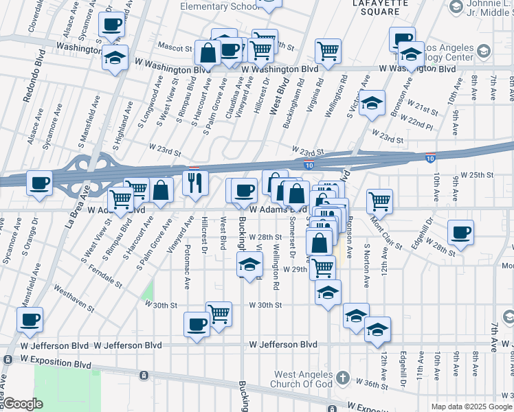 map of restaurants, bars, coffee shops, grocery stores, and more near 2512 Buckingham Road in Los Angeles