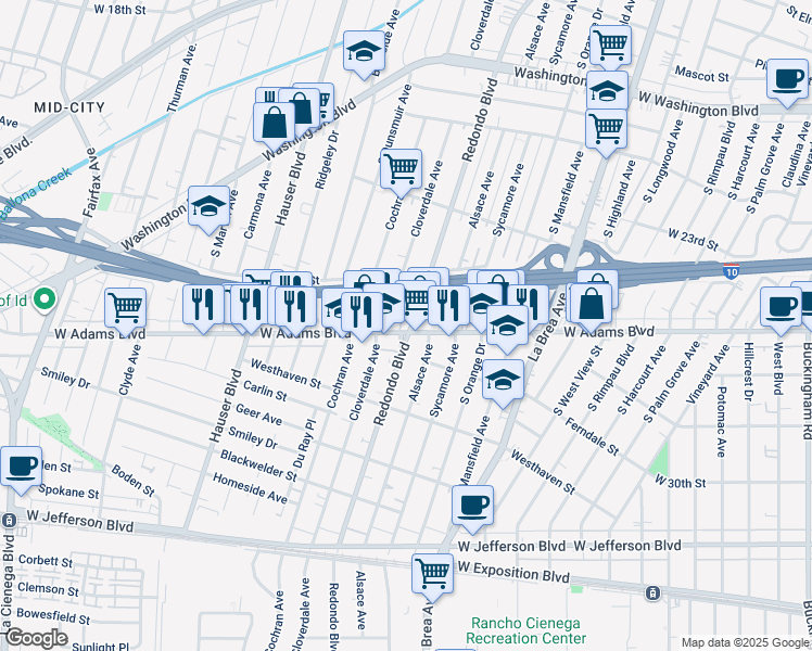 map of restaurants, bars, coffee shops, grocery stores, and more near 5237 West Adams Boulevard in Los Angeles