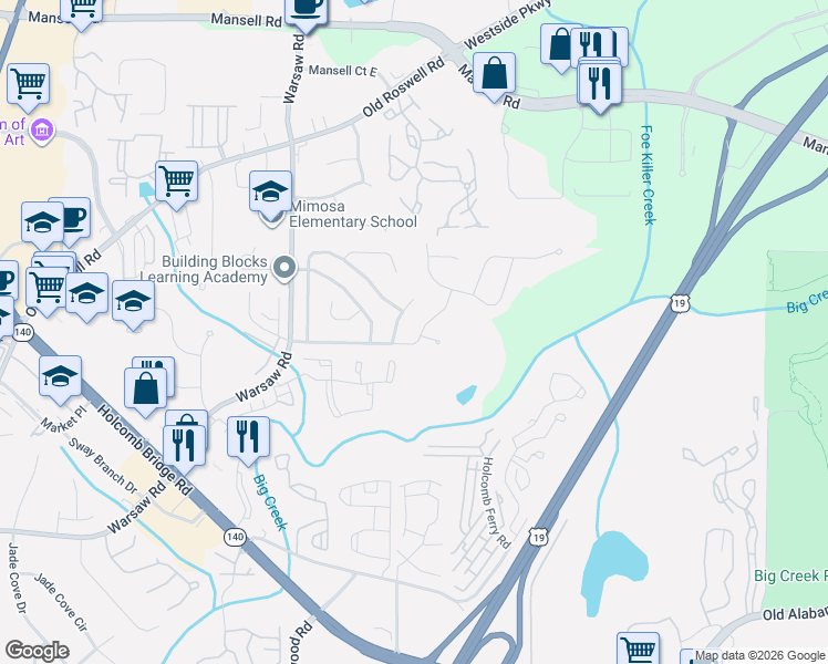 map of restaurants, bars, coffee shops, grocery stores, and more near 460 Worthington Hills Court in Roswell