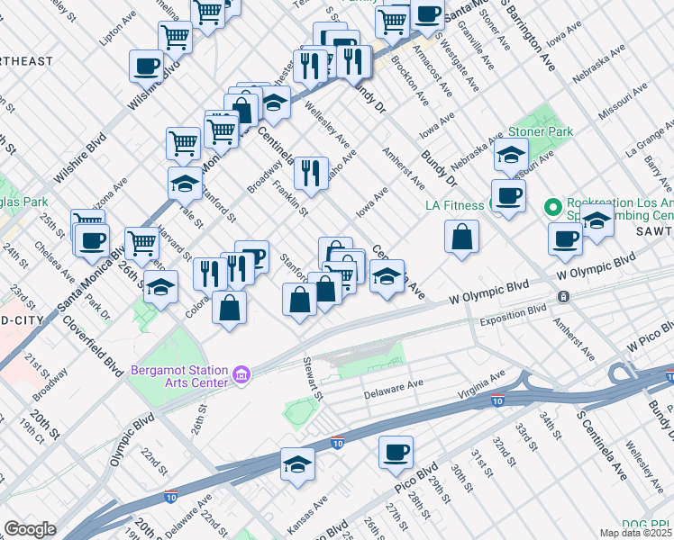 map of restaurants, bars, coffee shops, grocery stores, and more near 1708 Franklin Street in Santa Monica
