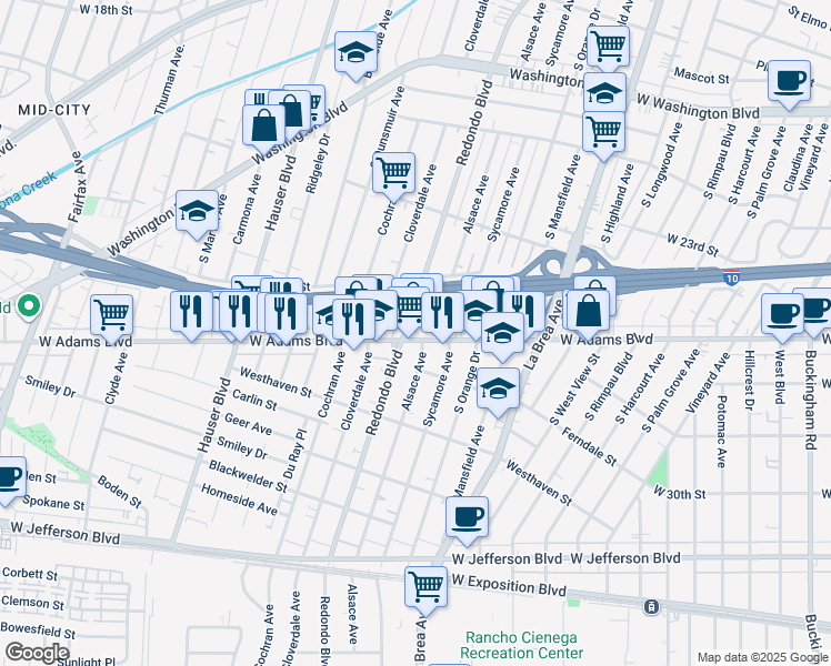 map of restaurants, bars, coffee shops, grocery stores, and more near 2515 Redondo Boulevard in Los Angeles