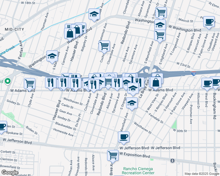 map of restaurants, bars, coffee shops, grocery stores, and more near 2515 Redondo Boulevard in Los Angeles