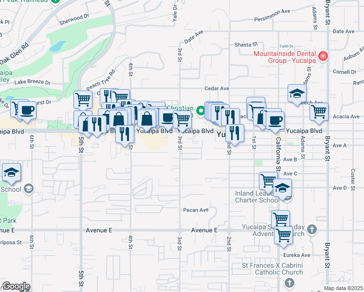 map of restaurants, bars, coffee shops, grocery stores, and more near 12177 3rd Street in Yucaipa
