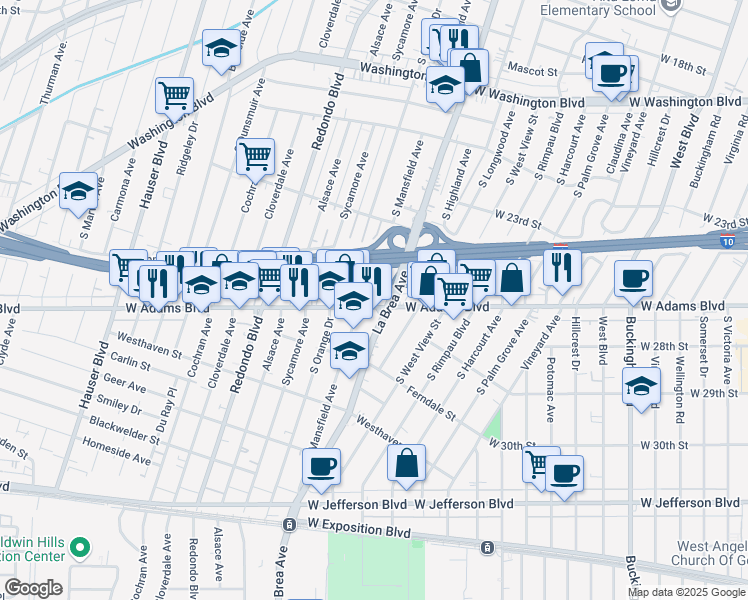 map of restaurants, bars, coffee shops, grocery stores, and more near 2541 South Mansfield Avenue in Los Angeles