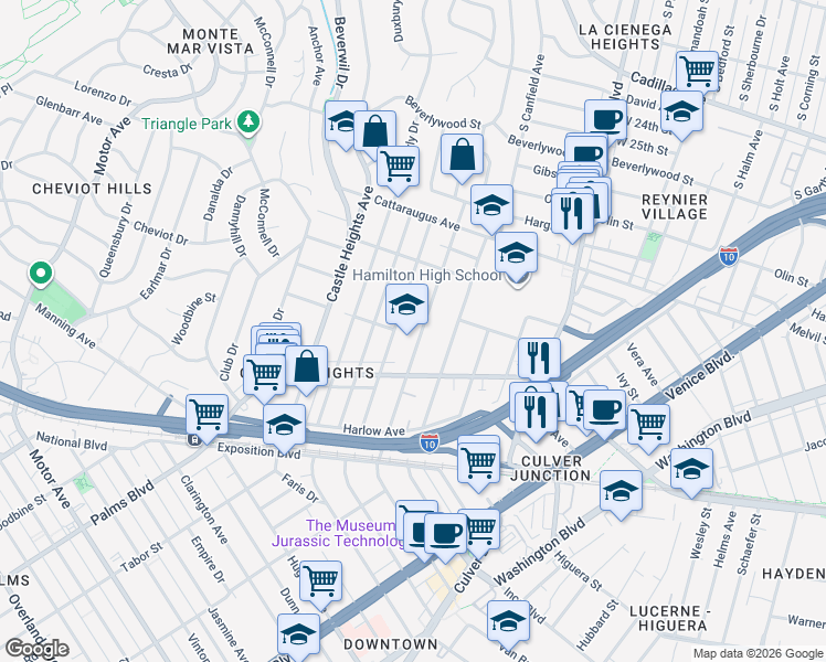map of restaurants, bars, coffee shops, grocery stores, and more near 3127 Bagley Avenue in Los Angeles
