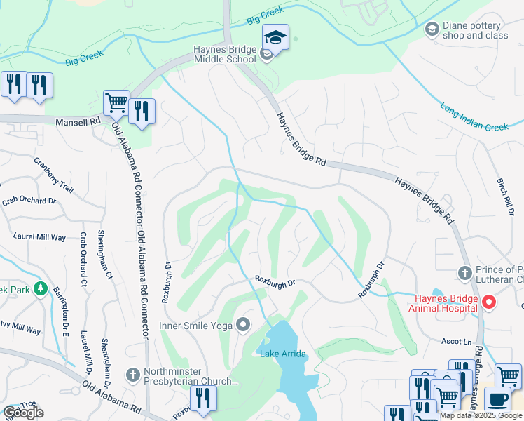 map of restaurants, bars, coffee shops, grocery stores, and more near 10320 Crescent Ridge Drive in Roswell