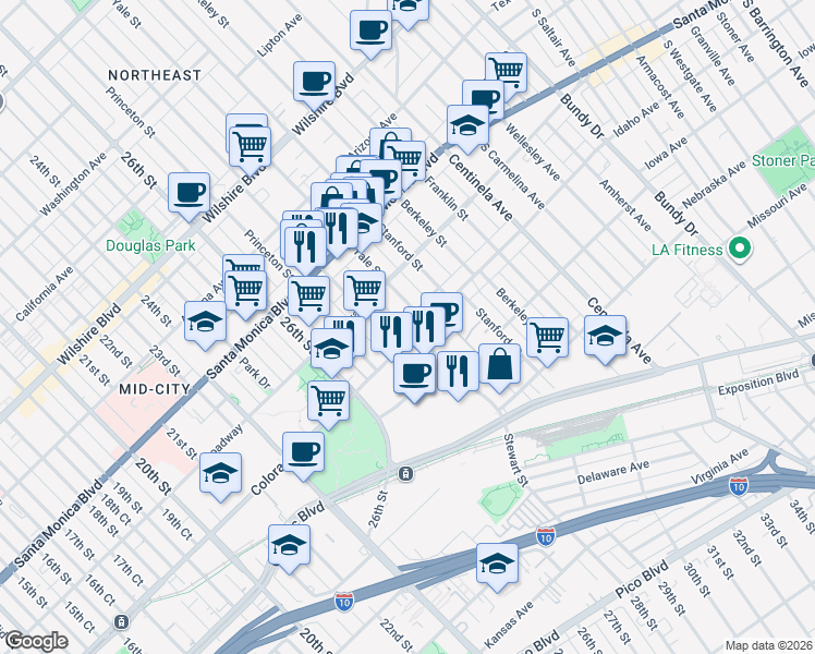 map of restaurants, bars, coffee shops, grocery stores, and more near 2821 Colorado Avenue in Santa Monica