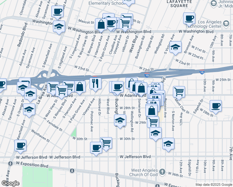 map of restaurants, bars, coffee shops, grocery stores, and more near 4026 South West Boulevard in Los Angeles