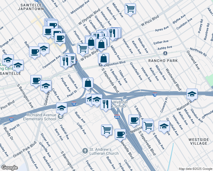 map of restaurants, bars, coffee shops, grocery stores, and more near 2554 Cotner Avenue in Los Angeles