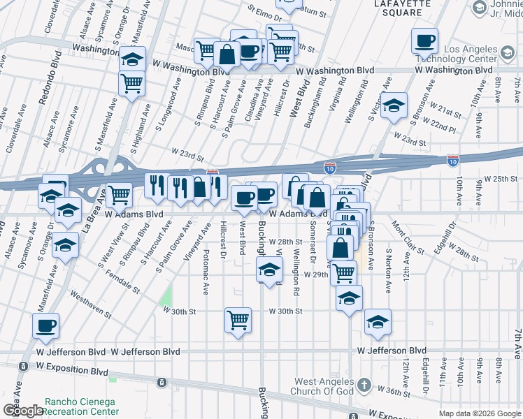 map of restaurants, bars, coffee shops, grocery stores, and more near 4044 South West Boulevard in Los Angeles