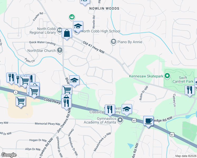 map of restaurants, bars, coffee shops, grocery stores, and more near 3241 Liberty Commons Drive Northwest in Kennesaw