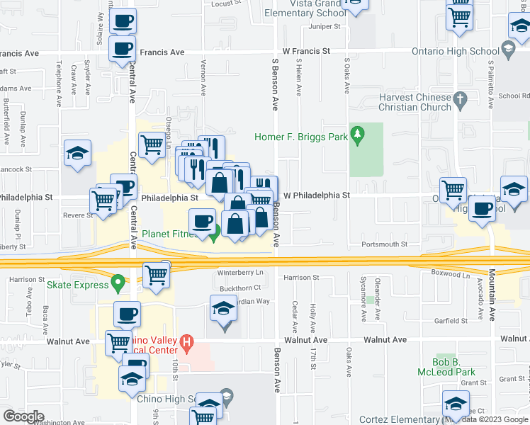 map of restaurants, bars, coffee shops, grocery stores, and more near 5555 Philadelphia Street in Chino