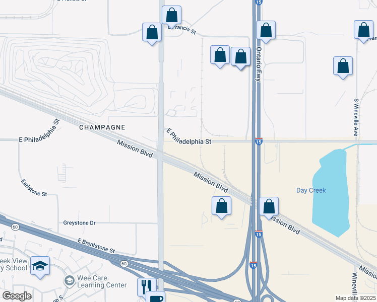 map of restaurants, bars, coffee shops, grocery stores, and more near 12450 East Philadelphia Street in Eastvale