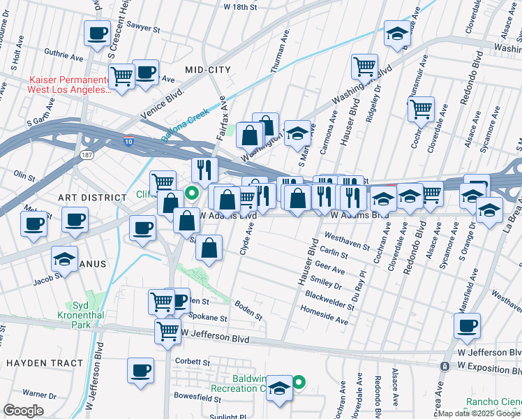 map of restaurants, bars, coffee shops, grocery stores, and more near 2524 Clyde Avenue in Los Angeles