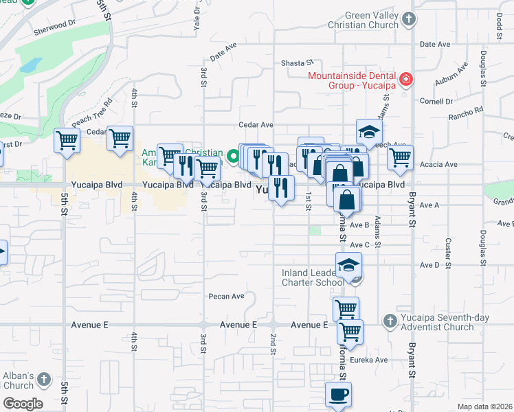map of restaurants, bars, coffee shops, grocery stores, and more near 34858 Iris Lane in Yucaipa