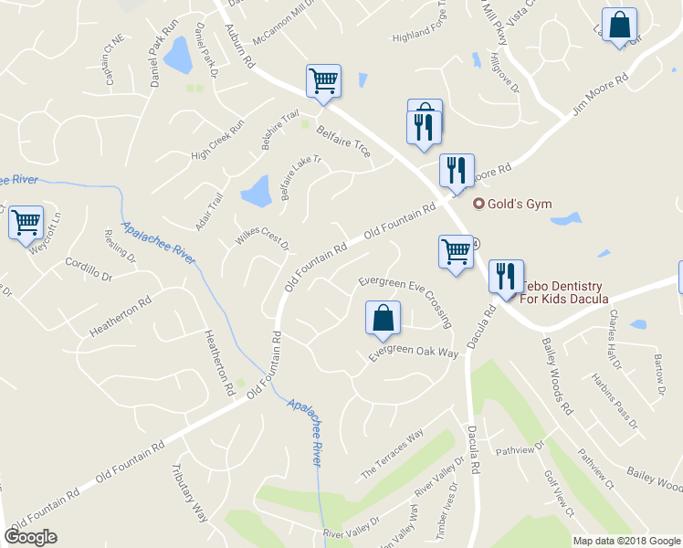 map of restaurants, bars, coffee shops, grocery stores, and more near 2717 Wilding Green Lane in Dacula