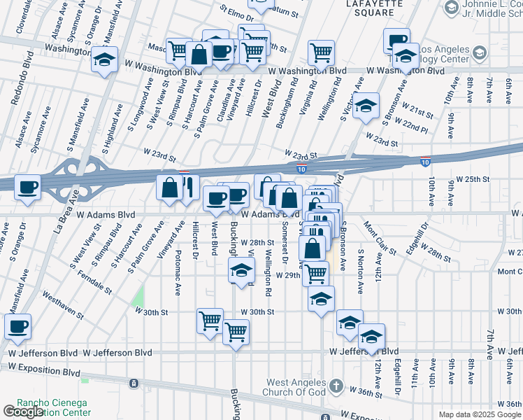map of restaurants, bars, coffee shops, grocery stores, and more near 2512 Buckingham Road in Los Angeles