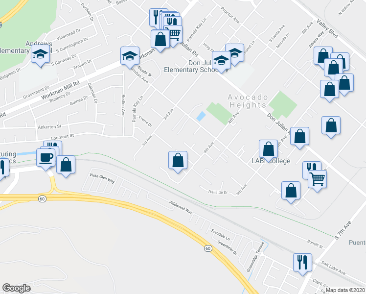 map of restaurants, bars, coffee shops, grocery stores, and more near 13914 Porto Rico Drive in La Puente