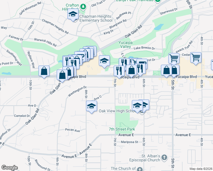 map of restaurants, bars, coffee shops, grocery stores, and more near 33840 Washington Drive in Yucaipa