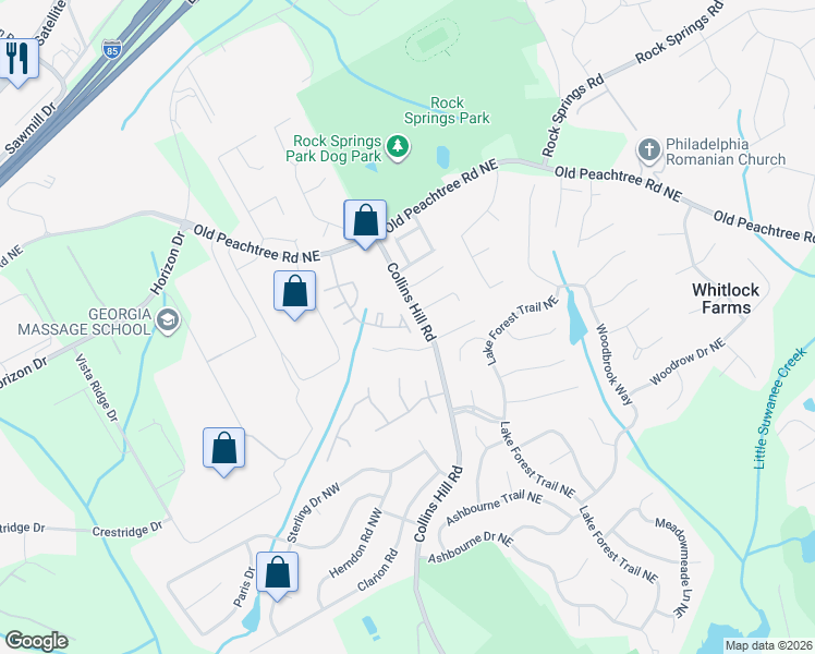 map of restaurants, bars, coffee shops, grocery stores, and more near Hallwood Lane in Lawrenceville