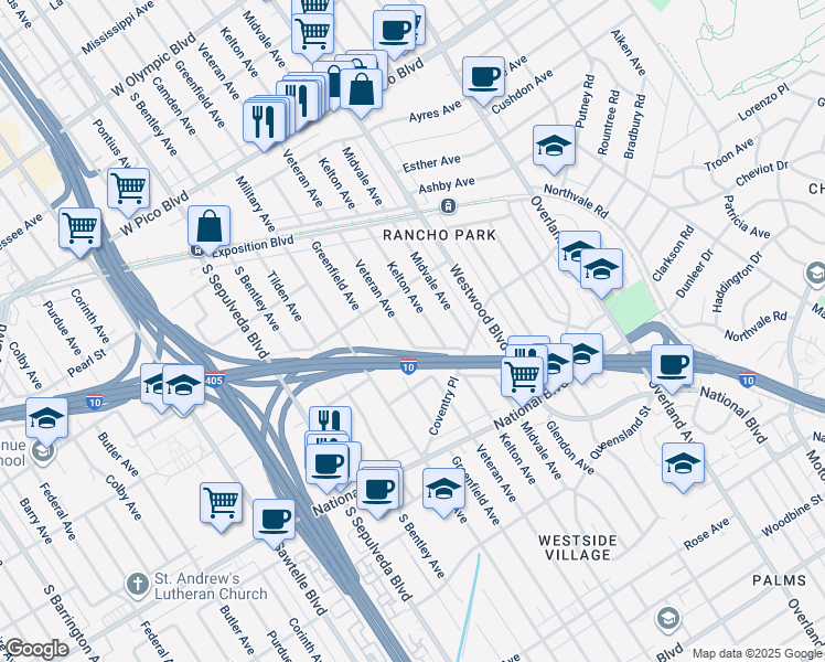 map of restaurants, bars, coffee shops, grocery stores, and more near 2744 Veteran Avenue in Los Angeles