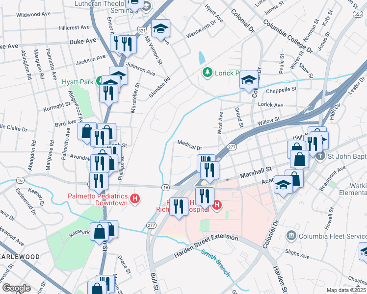 map of restaurants, bars, coffee shops, grocery stores, and more near 3618 Medical Drive in Columbia