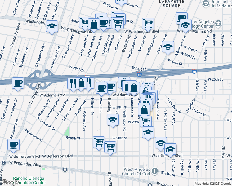 map of restaurants, bars, coffee shops, grocery stores, and more near 2512 Buckingham Road in Los Angeles
