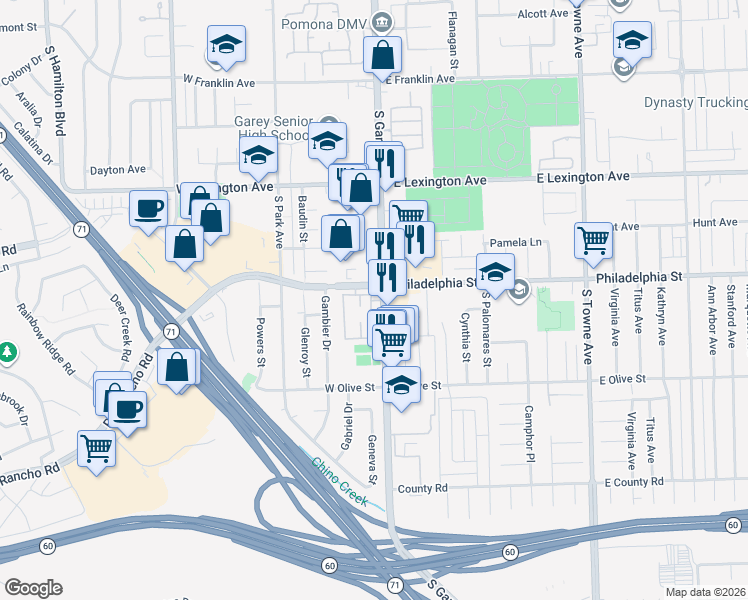 map of restaurants, bars, coffee shops, grocery stores, and more near 2140 Yukon in Pomona
