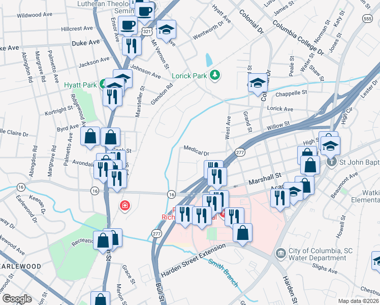map of restaurants, bars, coffee shops, grocery stores, and more near 3630 Medical Drive in Columbia