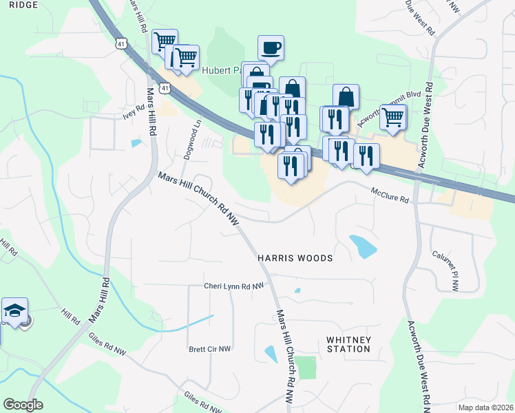map of restaurants, bars, coffee shops, grocery stores, and more near 4526 Amysaye Walk Northwest in Acworth